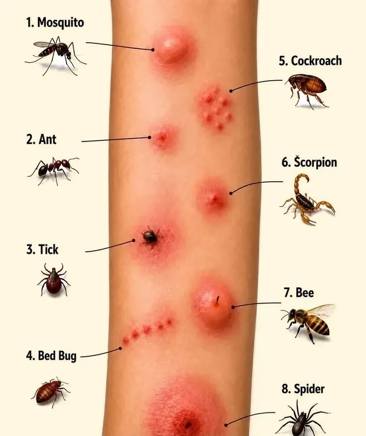 Illustration of a forearm with eight labeled bite marks next to drawings of the insects: mosquito, ant, tick, bed bug, cockroach, scorpion, bee and spider.